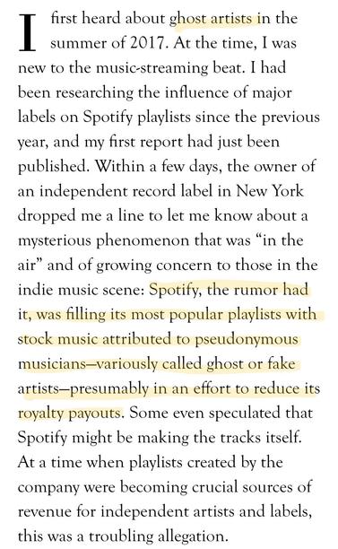 Rumor was that Spotify was filling its popular playlists with stock music attributed to fake names to reduce royalty payouts. 