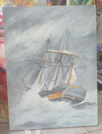 a painting, it is a large ship with big sails in a storm, waves crashing against it, only halfway finished 