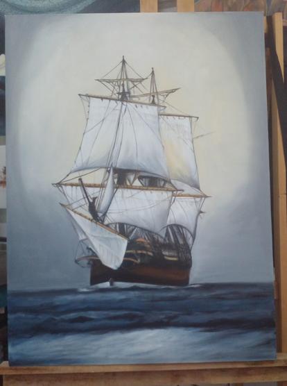 a large ship with white sails, brown sides, on calm seas, a grey sky behind it, deep blue waters underneath 