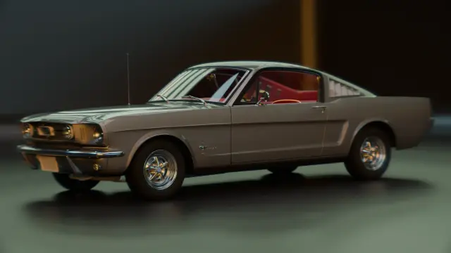 Images showing a 3D Ford Mustang rendered with Blender 3D and a 1953 Tessar lens from a patent by H Zollner, based on that of Paul Rudolph of Zeiss.