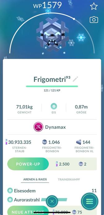 The image displays a Pokémon named Frigometri, showing its stats including weight (71.01 kg), height (0.87 m), and battle points (WP 1579). It is categorized as an Ice-type Pokémon and features options for powering