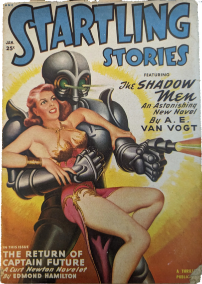 Zu sehen ist das Magazincover mit der Aufschrift „Startling Stories“ in einem mittleren Blau und mit schwarzer Umrandung. Die linke Bildhälfte nimmt Grag ein, er hält in der  Linken eine Strahlenpistole und Joan mit seinem rechten Arm. Joan , die so aussieht, als fände sie diese Position nicht sonderlich bequem, trägt eine Art Kostüm mit goldenem Bikini-Oberteil und rotem rockartigem Unterteil, das dem von „Slave Leia“ recht ähnlich sieht ;-)