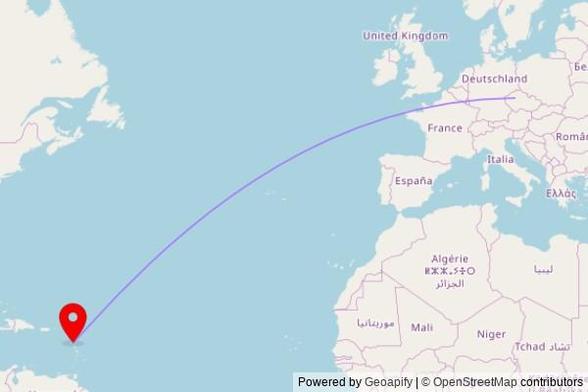 A map showing the great circle route from Smečno in the Czech Republic to a map pin at Cathédrale Notre-Dame-de-Guadeloupe, Rue Bébian, 97100 Basse-Terre, France