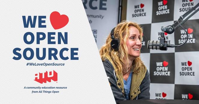 Left side says We Love Open Source. #WeLoveOpenSource. ATO. A community education resource from All Things Open. Right side has a shot of Lauren Hanford at the WLOS interview.