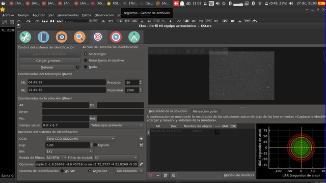 Captura de pantalla de un escritorio linux con el programa Kstars abierto para comenzar una sección de trabajo de astronomía amateur.