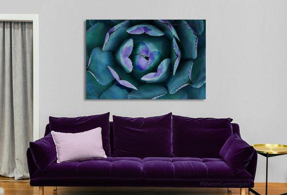 Blue and purple succulent plant art over a purple sofa by artist Sharon Cummings.