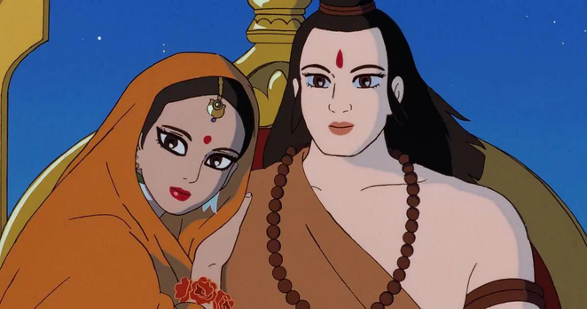 Screenshot from Ramayana: The Legend of Prince Rama that depicts Rama and Lakshmana together in a golden throne.