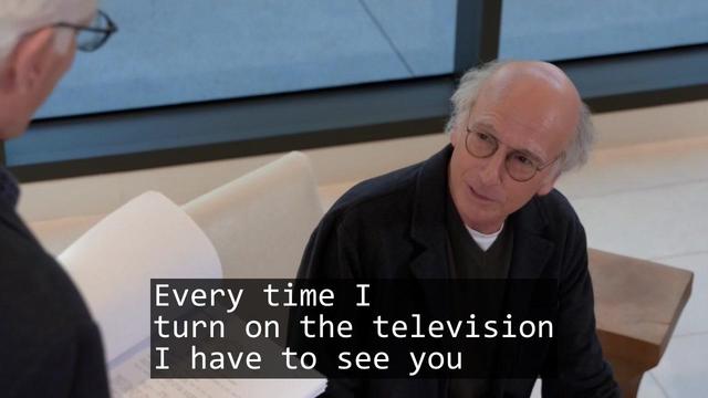 A screenshot from the TV show Curb Your Enthusiasm episode S09E09 'The Shucker'.

Over laid is the text of a haiku:

Every time I
turn on the television
I have to see you