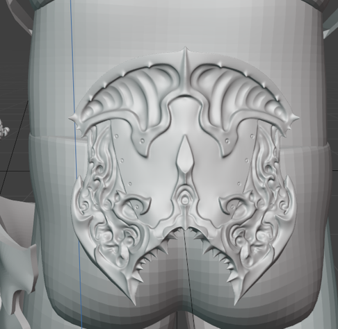 screenshot of the 3d modelling software blender, showcasing an intrincate armor plate, for the back part of the waist, depicting motifs and trim details characteristic of warhammer's chaos god Slaanesh, in example,Art Nouveau-reminiscent carvings, warped to include spikes and sharp edges