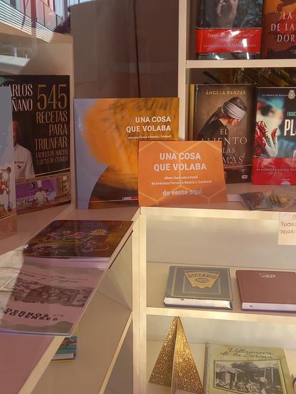 Foto a una parte del escaparate de la Librería Séneca (en Villanueva de la Serena, Badajoz). En esa zona, se ve el álbum ilustrado infantil "Una cosa que volaba" de pie, junto con un cartel que indica que se vende aquí.