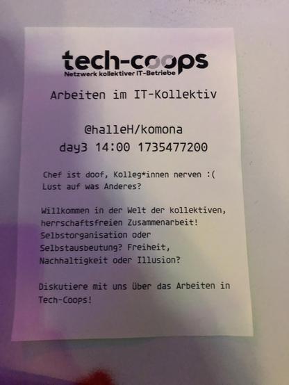 Plakat mit tech-coops Logo. Inhalt identisch zum Toot. 