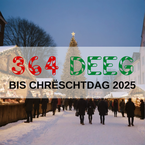Image created using AI technology provided by Fooocus v2.5.5 (https://github.com/lllyasviel/Fooocus).
Front text: "364 Deeg bis Chrëschtdag 2025"
