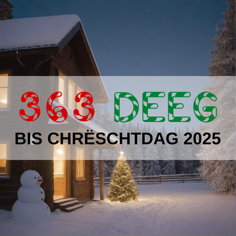 Image created using AI technology provided by Fooocus v2.5.5 (https://github.com/lllyasviel/Fooocus).
Front text: "363 Deeg bis Chrëschtdag 2025"