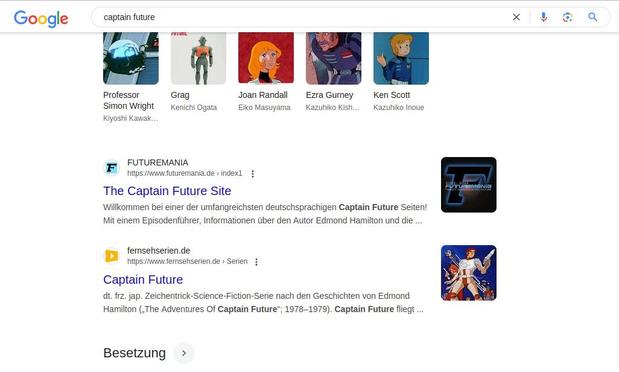 Screenshot einer Google-Suche für das Suchwort "Captain Future" - zu sehen ist "Futuremania" als Suchergebnis, MIT Bild (!) rechts