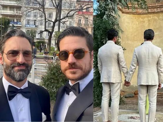 Side by side photos of Marco Pigossi and Marco Calvani. One is a face photo of them dressed up and the other their backs and holding hands at their wedding as they make their vows.