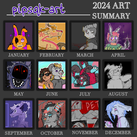 Image ID: An art summary showcasing one piece for each month of the year. January is a spooky Glitchtrap from FNAF. February is a stylized dragon for the lunar new year. March is an angsty Glendale, the artist's cleric OC. April is Pip dressed as a clown. May is Withered Bonnie from FNAF. June is a pride piece featuring Daemona and Strings, the artist's ranger and bard. July is an ArtFight attack of a pokesona. August is Siffrin from In Stars and Time. September is the artist's dragon-mouse OC. October is Kathleen, the artist's Halloween sparkledog. November is Vindere, the artist's Dark Urge. And December is Jinx from Arcane as an anthro rabbit. End ID.