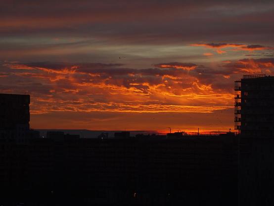 Niebo z delikatnym pasmem chmur tuż przed wschodem słońca, zabarwione na pomarańczowo bursztynowy kolor. W dole czarne pasmo konturów dalekich dachów i kominów. Po bokach dwie czarne bryły wysokich budynków.
