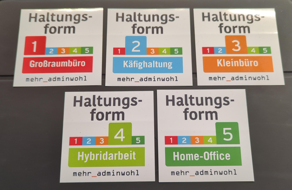 A photo of five stickers ranking office layouts from open space office to home office designed in the style of german animal farming labeling