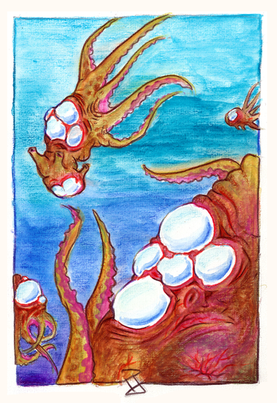 Watercolor pencil drawing of monstrous tentacled creatures with pale white eyes and veiny flesh are swimming in open water to the depth of the oceans