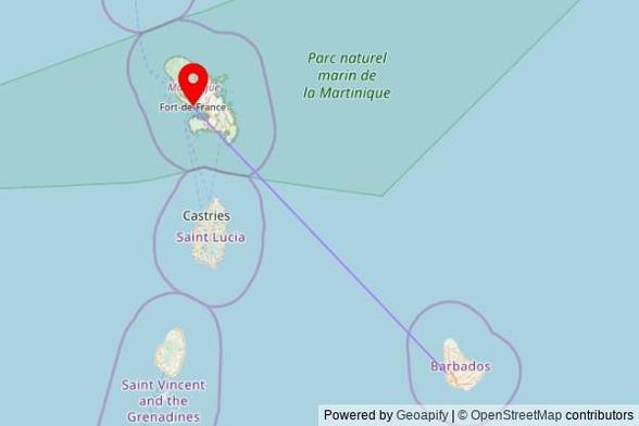A map showing the great circle route from Saint James in Barbados to a map pin at Fort-de-France Cathedral, Rue Victor Schoelcher, 97200 Fort-de-France, France