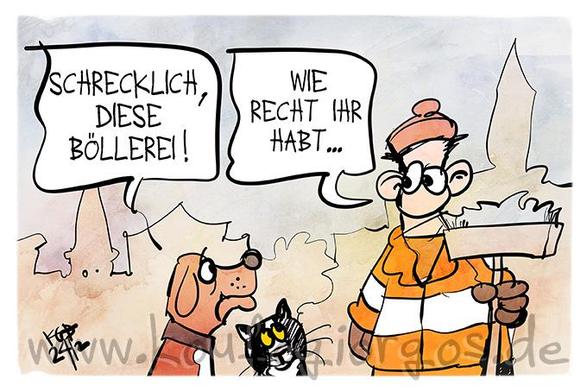 Karikatur: In eienr Stadt sagen Hund und Katze zu einem Müllwerker: Schrecklich, diese Böllerei! Er antwortet: Wie recht ihr habt...
