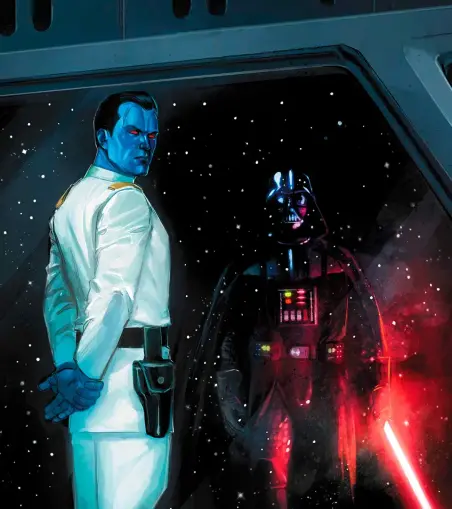 Couverture du comics. 
Intérieur gris d'un vaisseau spatial, sur une verrière qui donne sur un fond étoilé. À gauche, l'amiral Thrawn, un humanoïde Chiss à la peau bleue et aux yeux rouges. Il porte un uniforme blanc avec des épaulettes dorées. Il a un ceinturon noir avec un holster pour un blaster. Il regarde vers nous, en fait vers une figure se trouvant derrière lui.
Dans la reflexion sur la verrière, il y a Dark Vador, un humain en armure noire, de la tête au pied. On voit l'électronique de son appareil respiratoire et il y a une lueur rouge qui ressemble à un sabre laser.