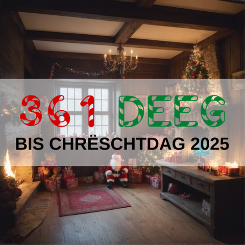 Image created using AI technology provided by Fooocus v2.5.5 (https://github.com/lllyasviel/Fooocus).
Front text: "361 Deeg bis Chrëschtdag 2025"