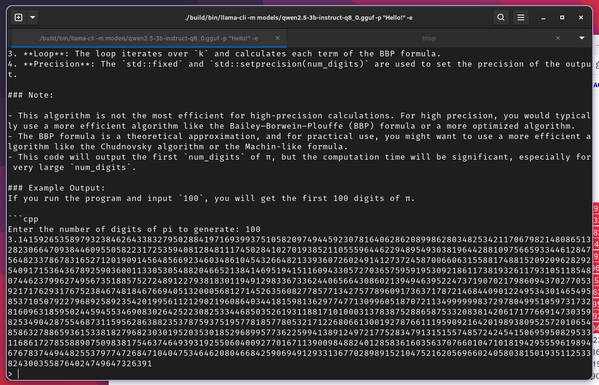 A Clear Linux terminal showing how a local LLM running on a Linux potato of 8 gb of ram, using the CPU and GPU with Vulkan, generating 1382 digits of pi...  😆