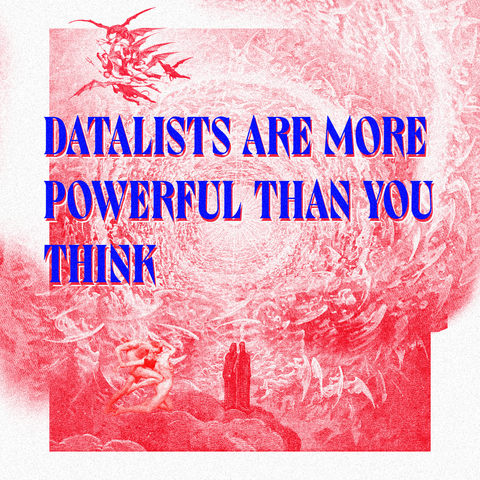 Blue text "datalists are more powerful than you think" on red/white duotone image of The Empyrean by Gustave Dore