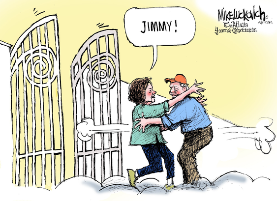 Cartoon of gates of heaven with Rosalind rushing out to welcome her husband Jimmy with a big hug