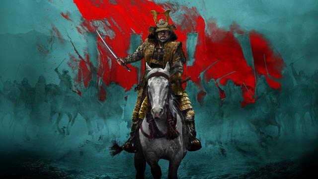 A warrior holding a sword, riding on horseback in front of a green and red artistic 'painted' background.