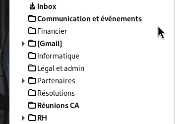 A screenshot of a bunch of email folders in an IMAP account, where folders with unread mails have their name in bold, but there are no unread counter numbers.