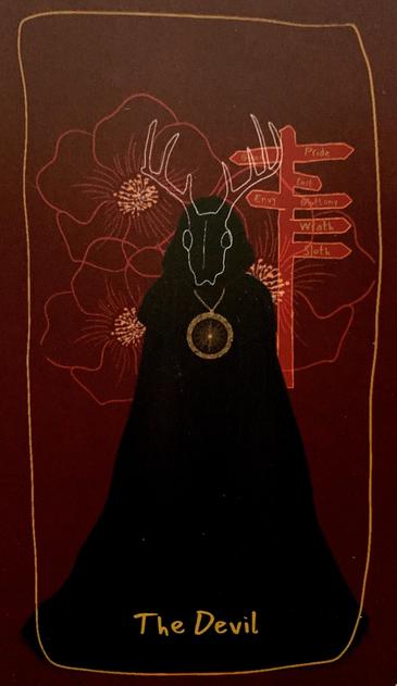 Image of the Devil card from Black Tarot deck by Nyasha Williams. I love the artwork of this deck, so I bought it from Target.  The drawing has, I guess, the devil with the shape of a cloak with seven deadly sins as road signs in the back. A few lines of flowers and the devil drawing has a skeleton silhouette of a deer's head on top of the head area. 