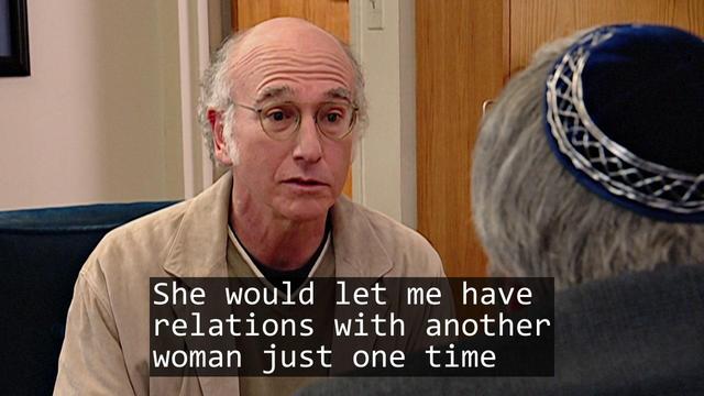 A screenshot from the TV show Curb Your Enthusiasm episode S04E09 'The Survivor'.

Over laid is the text of a haiku:

She would let me have
relations with another
woman just one time