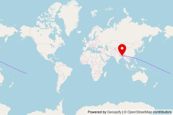 A map showing the great circle route from Papeete in France to a map pin at aa, Z5002, Baliadangi - 5140, Bangladesh