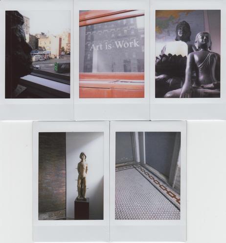 Scan of 5 Instax photos: a Mobil station through an apartment window, with a sculpture/bust of JFK on the left side, in profile; a transom above a wood door, with the words "Art is Work" painted on the glass; two small sculptures of the Buddha on a shelf in a kitchen, with a world map behind them; a 600-year-old wooden statue of St. Sebastian, in a shaft of sunlight from the upper right, with a white wall and a brick wall in the background; a tile floor in front of a pair of apartment doors