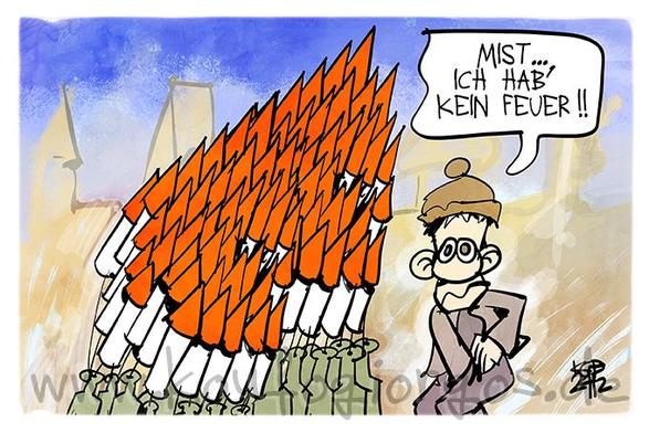 Karikatur: Ein Mann hat einen riesigen Haufen mit Raketen neben sich aufgeschichtet und stellt ernüchtert fest: Mist... ich hab kein Feuer!
