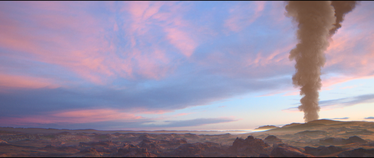 Screenshot from the video game Hellblade 2 showing a rugged and rocky landscape, the sun is setting painting the light clouds in the sky a fire-like red, in the right a thick plume of dark smoke is rising into the sky.