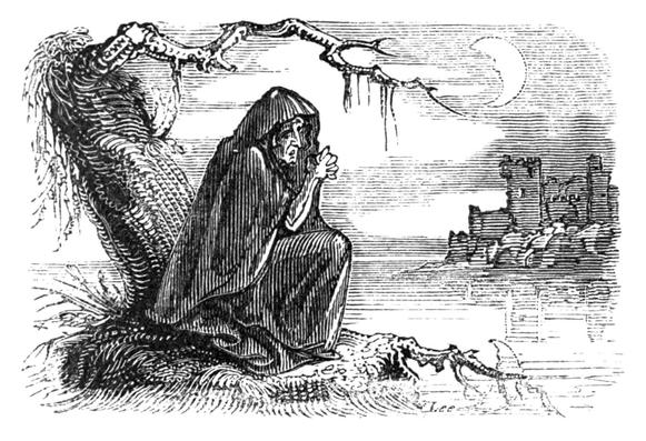 Black and white image of a hooded banshee with her hands folded in front of her with a castle in the background
