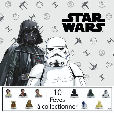 Fond d'écran clair avec des vaisseaux. À gauche en noir, Dark Vador, et au centre un Stormtrooper impérial en blanc.
En dessous les dix fêves StarWars. 