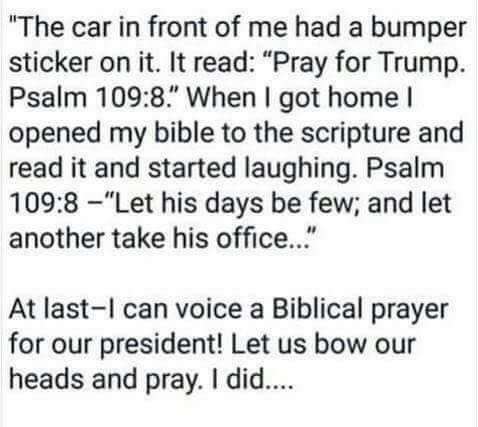 "The car in front of me had a bumper sticker on it. It read: “Pray for Trump. Psalm 109:8" When I got home I opened my bible to the scripture and read it and started laughing. Psalm 109:8 —"Let his days be few; and let another take his office...”

At last - I can voice a Biblical prayer for our president! Let us bow our heads and pray. I did.... 