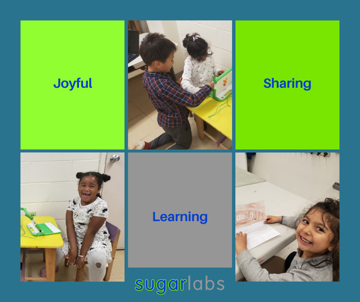 Three images of kids at computers. There is text that says "Joyful, Learning, Sharing".
