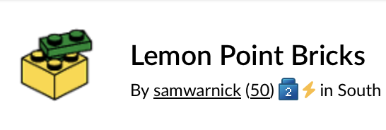 Screenshot of BrickLink store, Lemon Point Bricks showing the blue level 2 brick.