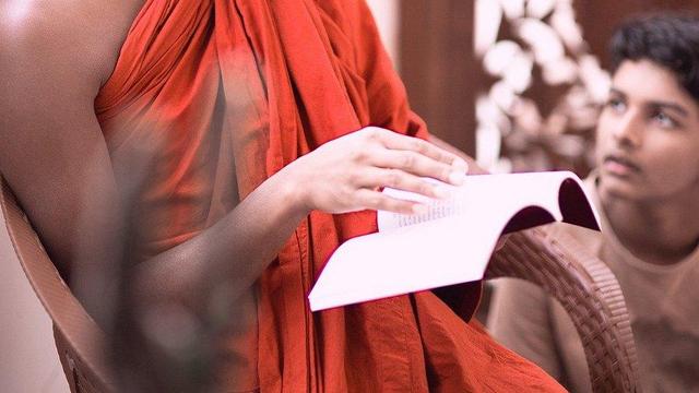 Closeup of Buddhist monastic teaching someone sitting on the floor.