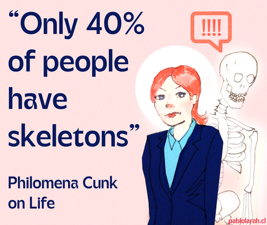 Blue text on pink background:
“Only 40% of people have skeletons”
Philomena Cunk on Life
On the right, illustration of Philomena Cunk with skeleton with speech bubble with exclamation marks (4) inside