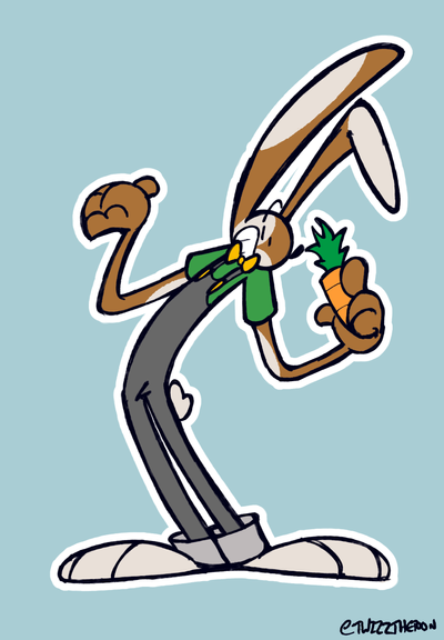 a lanky brown rabbit with cream spots smiling while shrugging and holding a carrot. He's wearing a green shirt with gray overalls, yellow buttons, and a yellow bowtie