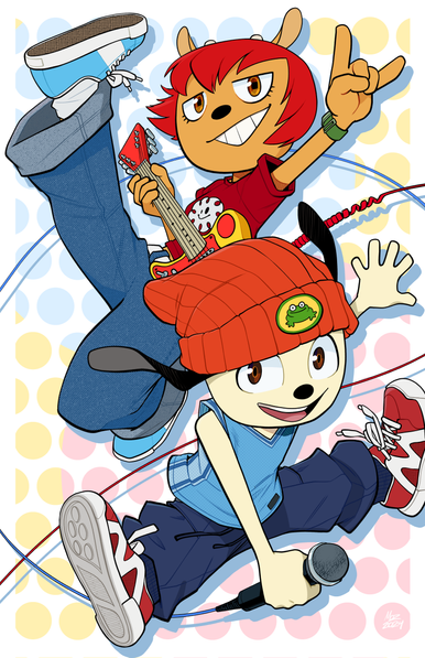 Fan art of Lammy and Parappa from Um Jammer Lammy and Parappa the Rapper with a colored dot background