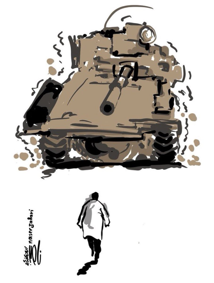 illustration by Naser Jafari

Image is from the photo that shows, Dr. Hossam Abu Safiya, director of the Kamal Adwan Hospital, walking steadily in his white lab coat towards the tank of the IDF, Israel Coloniser army