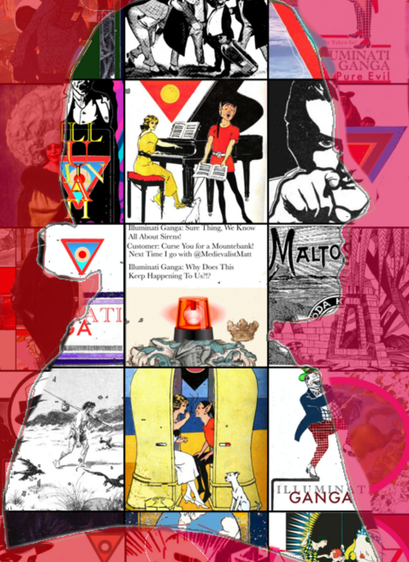 a silhouette of a somewhat patrician 17th century frenchman  has in it a number of the images of illuminati ganga outside the silhouette there are an other collection of images under a slightly pinkish purple reddish opaque background.