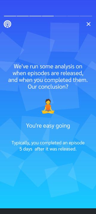 We've run some analysis on when episodes are released, and when you completed them.
Our conclusion?

You're easy going
Typically, you completed an episode 5 days after it was released.